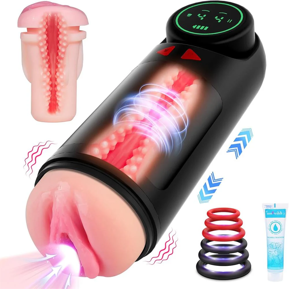 Solace - Automatic Freshly Shaved Vaginal Male Masturbator - LED Display with 4 Sucking & Vibrating & Thrusting Modes (≤60 dB)