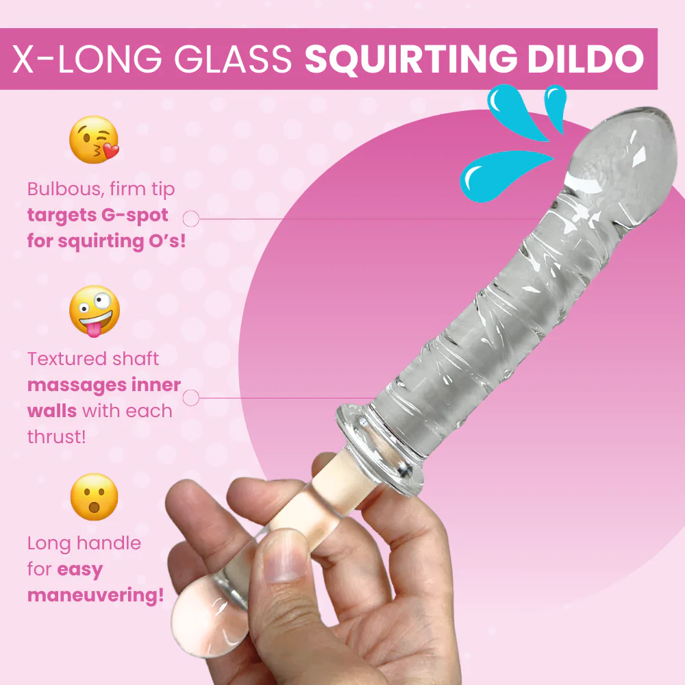 X-Long Textured Glass Dildo With Handle