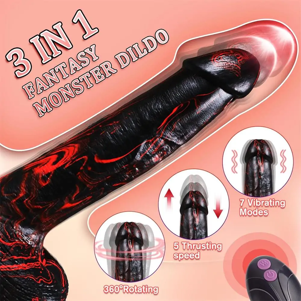 9.5” Black and Red Striped Thick Realistic Vibrating Thrusting Dildo – Adjustable Speeds, Remote & Suction Base