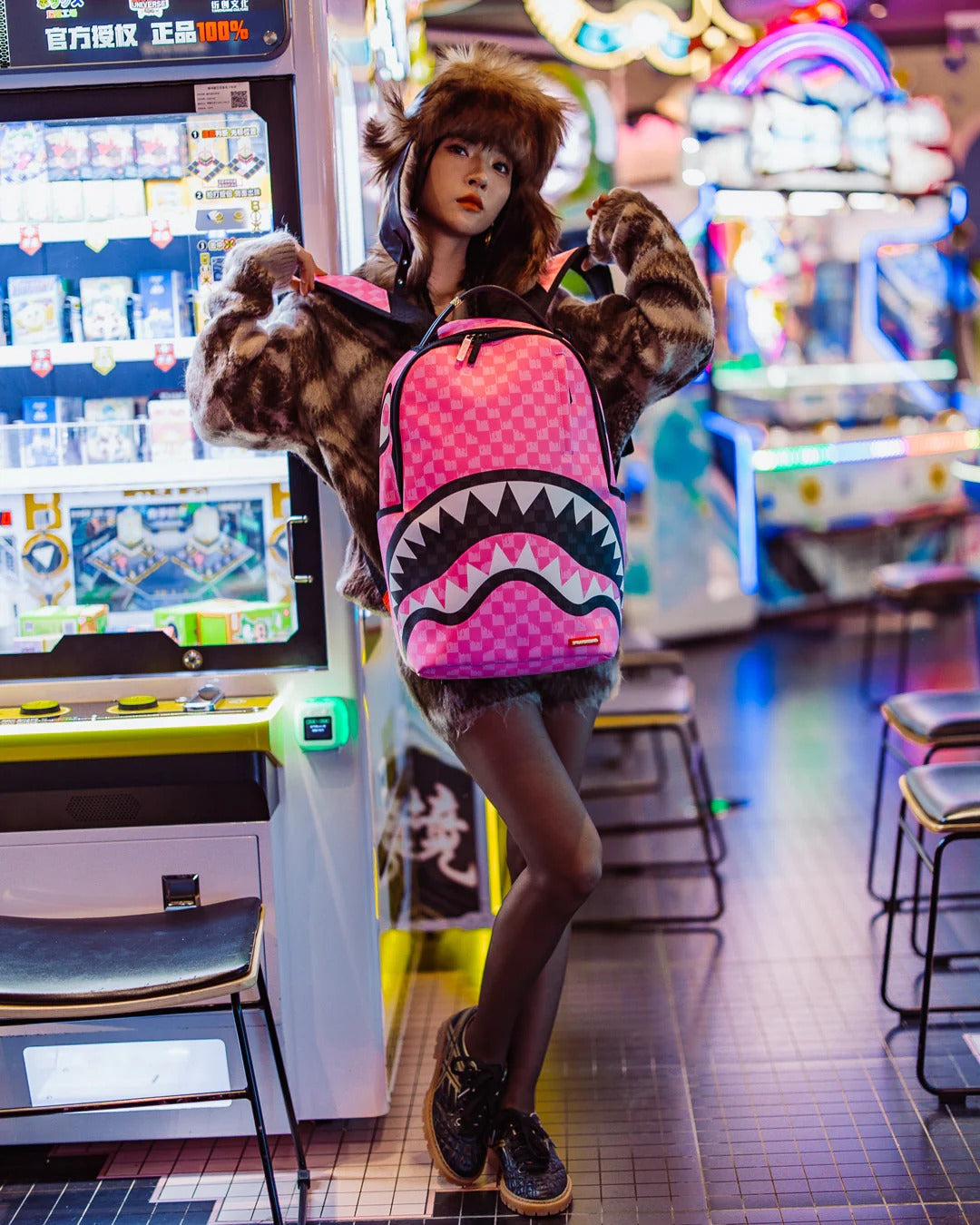 PINK AND BLACK DRIP CHECK DLXSV BACKPACK