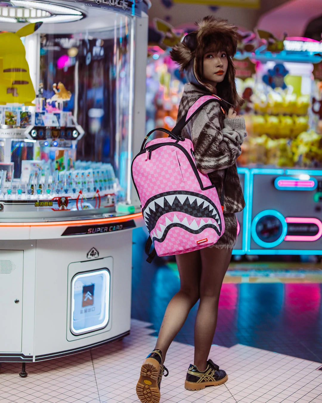 PINK AND BLACK DRIP CHECK DLXSV BACKPACK