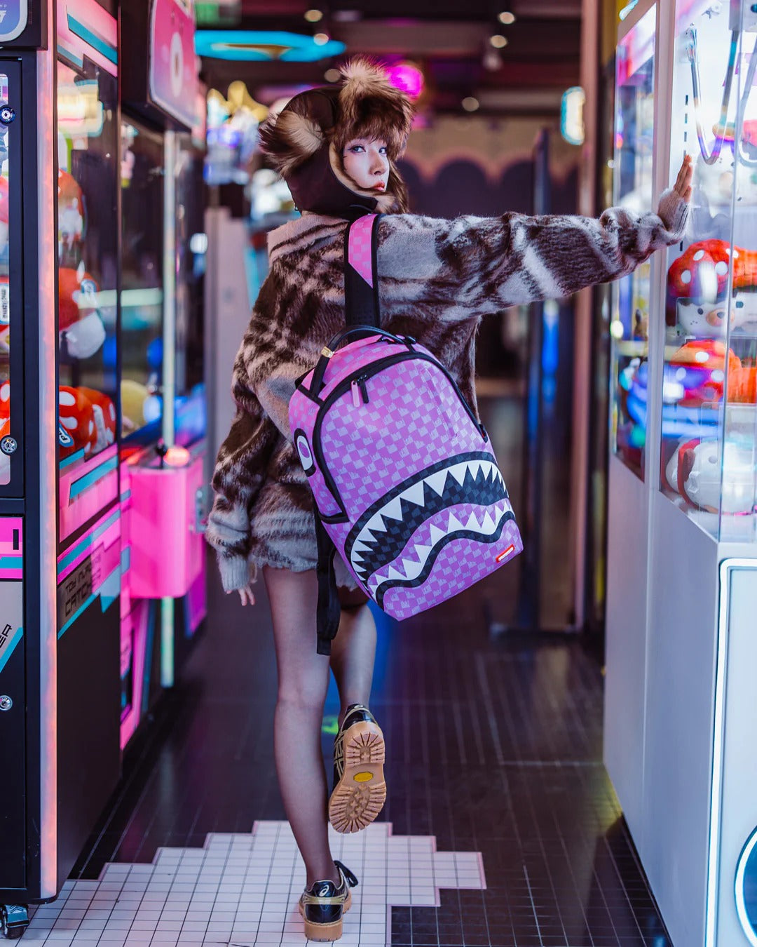 PINK AND BLACK DRIP CHECK DLXSV BACKPACK